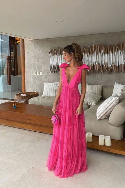 New Hot Pink Backless Long Formal Prom Dresses V Neck Formal Gown