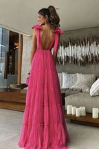 New Hot Pink Backless Long Formal Prom Dresses V Neck Formal Gown
