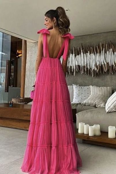 New Hot Pink Backless Long Formal Prom Dresses V Neck Formal Gown