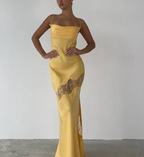 Yellow New Lace Spaghetti Straps Sexy Backless Mid-Length Elegant Satin Formal Prom Dresses Formal Evening Dresses Party Dresses
