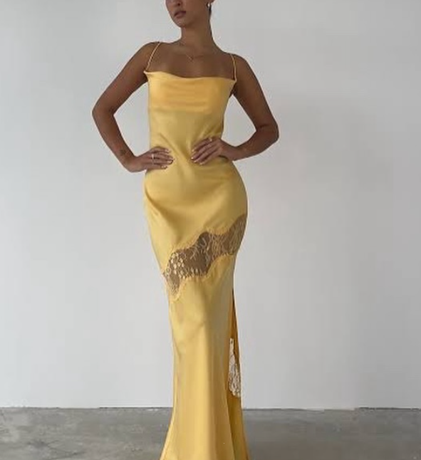 Yellow New Lace Spaghetti Straps Sexy Backless Mid-Length Elegant Satin Formal Prom Dresses Formal Evening Dresses Party Dresses