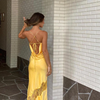 Yellow New Lace Spaghetti Straps Sexy Backless Mid-Length Elegant Satin Formal Prom Dresses Formal Evening Dresses Party Dresses
