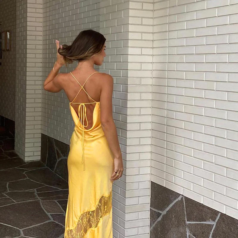 Yellow New Lace Spaghetti Straps Sexy Backless Mid-Length Elegant Satin Formal Prom Dresses Formal Evening Dresses Party Dresses