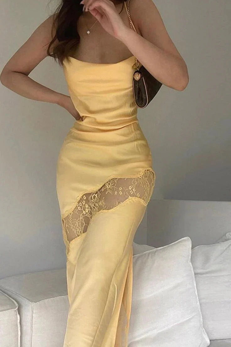 Yellow New Lace Spaghetti Straps Sexy Backless Mid-Length Elegant Satin Formal Prom Dresses Formal Evening Dresses Party Dresses