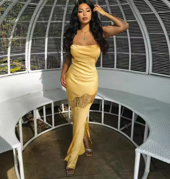 Yellow New Lace Spaghetti Straps Sexy Backless Mid-Length Elegant Satin Formal Prom Dresses Formal Evening Dresses Party Dresses
