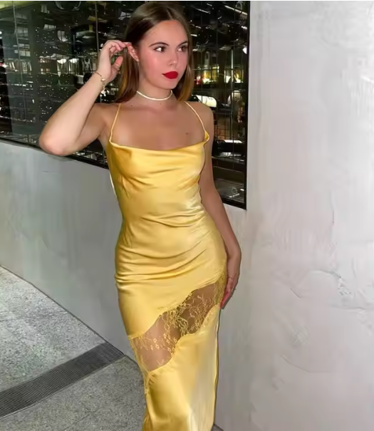 Yellow New Lace Spaghetti Straps Sexy Backless Mid-Length Elegant Satin Formal Prom Dresses Formal Evening Dresses Party Dresses Main image