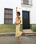 Cute Sweatheart Neckline Yellow Midi Dresses With Tie Sleeves