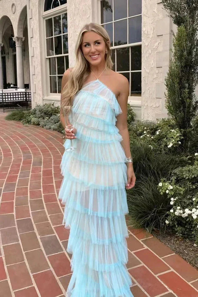 New Style Halter Ruffles Tulle Formal Prom Dresses With Slit, Charming Long Party Dresses Secondary image