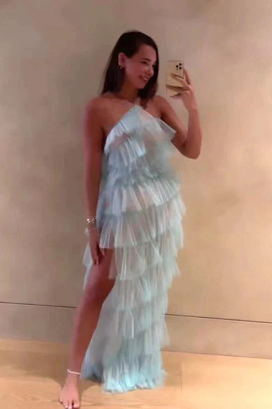 New Style Halter Ruffles Tulle Formal Prom Dresses With Slit, Charming Long Party Dresses
