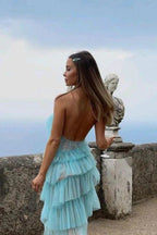 New Style Halter Ruffles Tulle Formal Prom Dresses With Slit, Charming Long Party Dresses