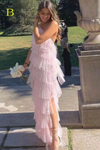 New Style Halter Ruffles Tulle Formal Prom Dresses With Slit, Charming Long Party Dresses