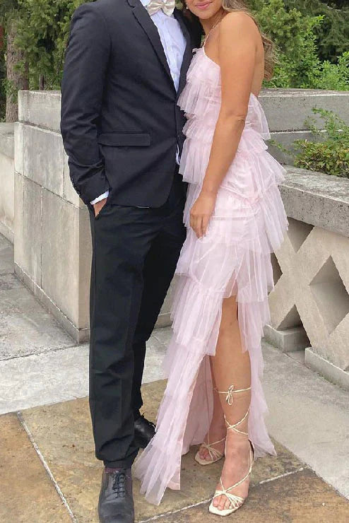 New Style Halter Ruffles Tulle Formal Prom Dresses With Slit, Charming Long Party Dresses