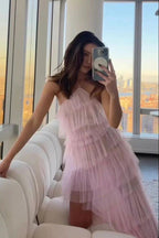 New Style Halter Ruffles Tulle Formal Prom Dresses With Slit, Charming Long Party Dresses