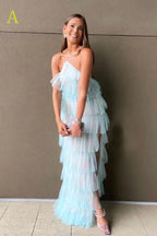 New Style Halter Ruffles Tulle Formal Prom Dresses With Slit, Charming Long Party Dresses