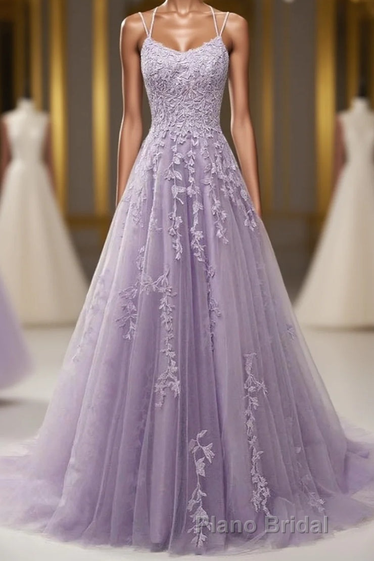 Light Purple Lace Applique A Line Spaghetti Straps Formal Prom Dresses Evening Gown Main image