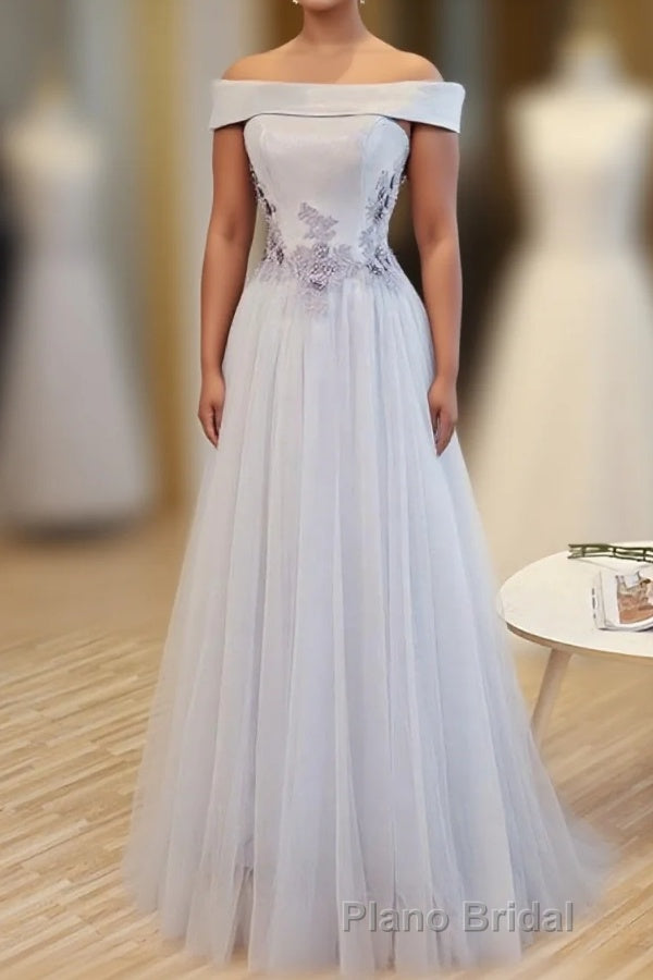 Gray A Line Off Shoulder Floor Length Formal Prom Dresses, Lace Evening Dresses