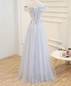 Gray A Line Off Shoulder Floor Length Formal Prom Dresses, Lace Evening Dresses