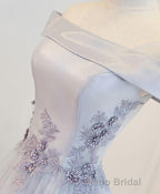 Gray A Line Off Shoulder Floor Length Formal Prom Dresses, Lace Evening Dresses