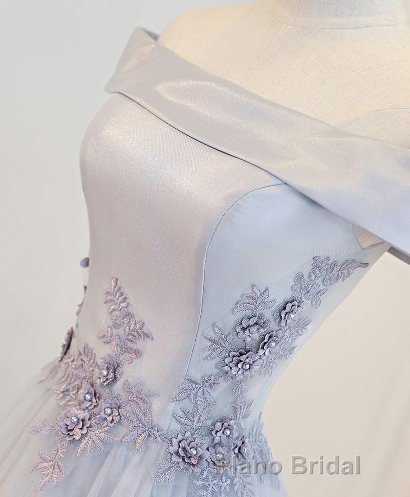 Gray A Line Off Shoulder Floor Length Formal Prom Dresses, Lace Evening Dresses Secondary image