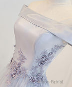 Gray A Line Off Shoulder Floor Length Formal Prom Dresses, Lace Evening Dresses