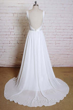 Noble A-Line Shoulder Strap With Chiffon Patch Flower Dew Back And Ground Length Wedding Dresses