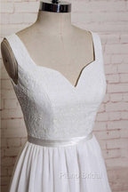 Noble A-Line Shoulder Strap With Chiffon Patch Flower Dew Back And Ground Length Wedding Dresses