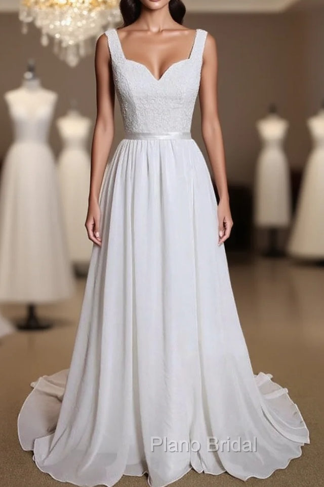 Noble A-Line Shoulder Strap With Chiffon Patch Flower Dew Back And Ground Length Wedding Dresses Main image