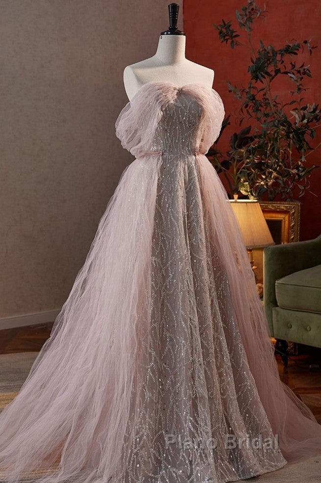 Noble And Charming Dark Pink Beaded Sequins Off The Shoulder Short Sleeved Ball Dresses, Dark Pink A-Shaped Princess Backless Strap And Ground Length Evening Dresses Secondary image