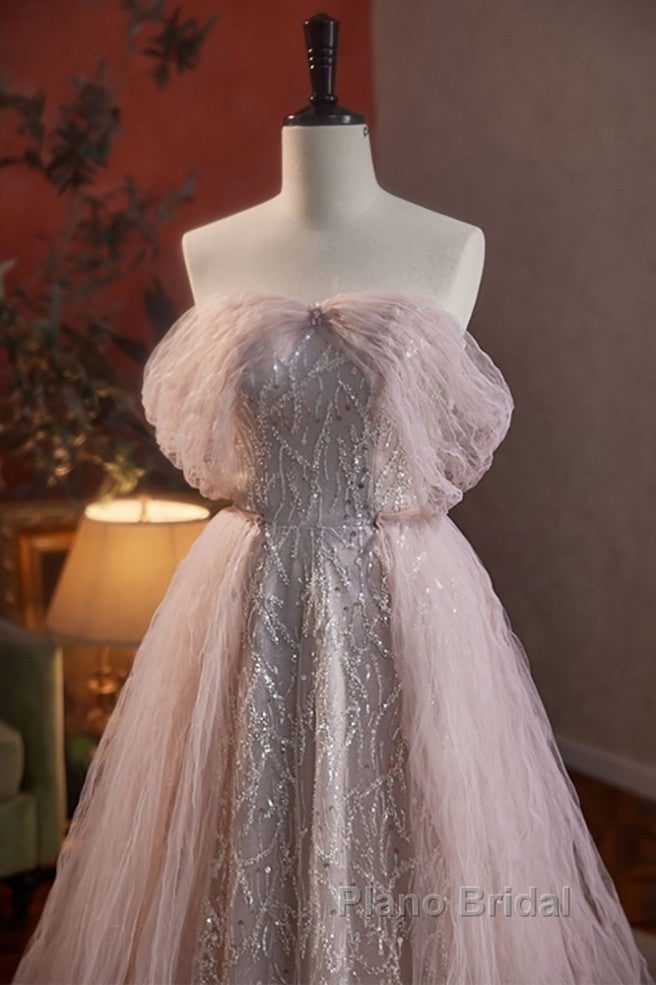 Noble And Charming Dark Pink Beaded Sequins Off The Shoulder Short Sleeved Ball Dresses, Dark Pink A-Shaped Princess Backless Strap And Ground Length Evening Dresses