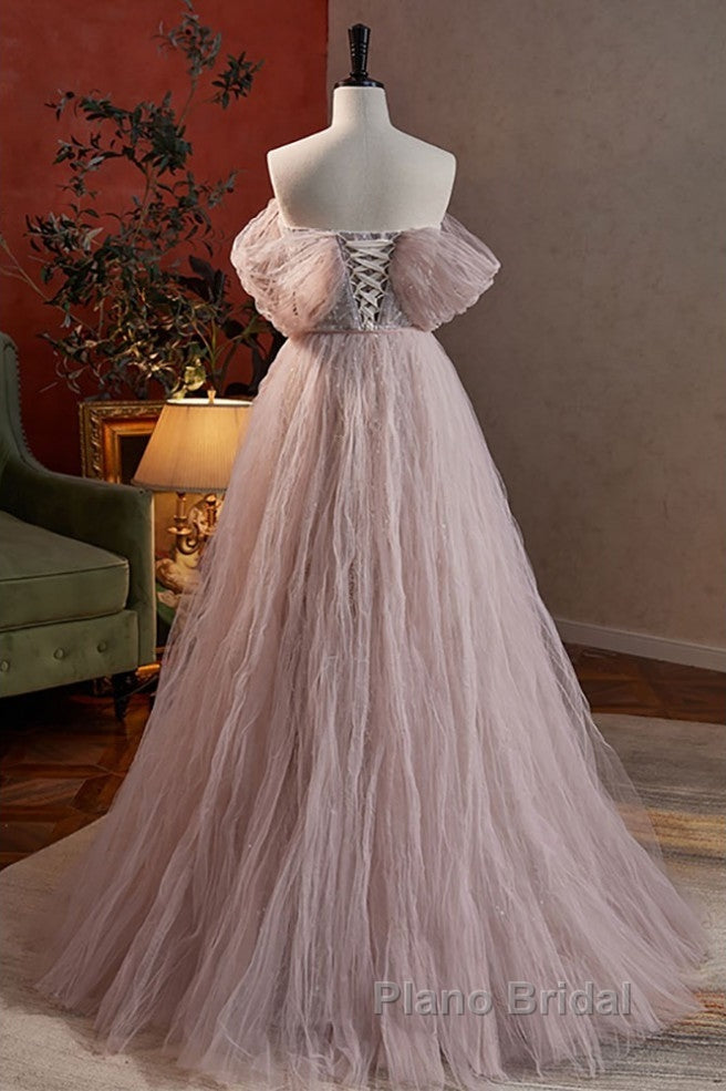 Noble And Charming Dark Pink Beaded Sequins Off The Shoulder Short Sleeved Ball Dresses, Dark Pink A-Shaped Princess Backless Strap And Ground Length Evening Dresses