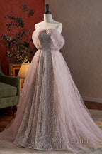 Noble And Charming Dark Pink Beaded Sequins Off The Shoulder Short Sleeved Ball Dresses, Dark Pink A-Shaped Princess Backless Strap And Ground Length Evening Dresses