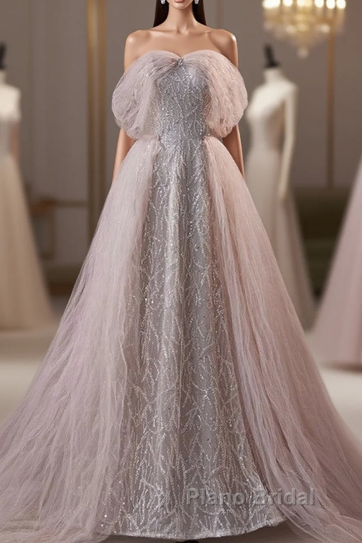Noble And Charming Dark Pink Beaded Sequins Off The Shoulder Short Sleeved Ball Dresses, Dark Pink A-Shaped Princess Backless Strap And Ground Length Evening Dresses Main image