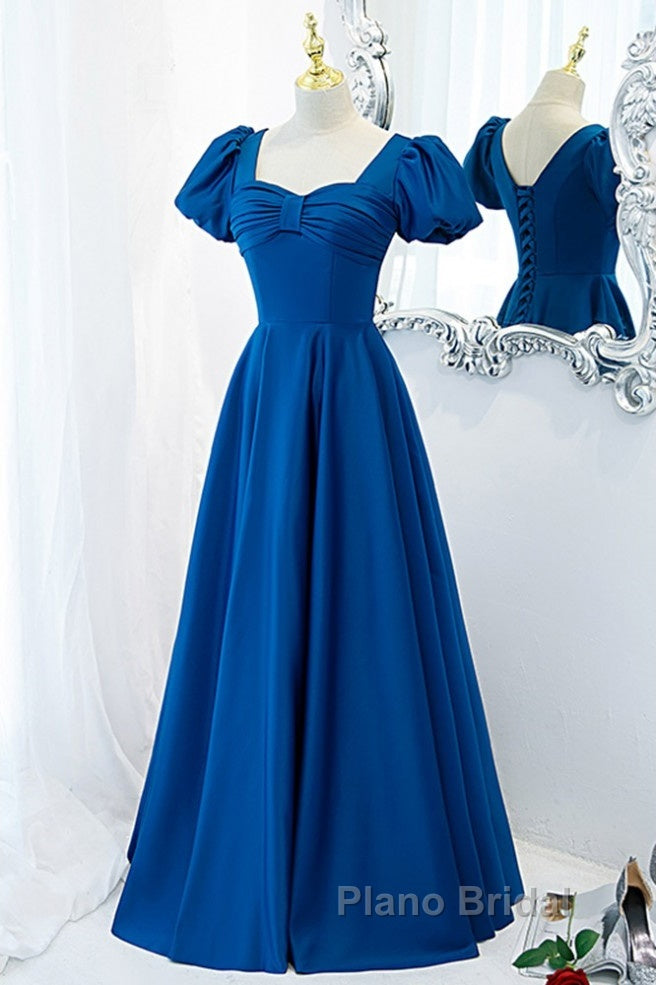 Noble And Elegant Blue Satin Retro Square Neck Short Sleeved Ball Dresses With Blue Backless Strap And Floor Length Evening Dresses Secondary image