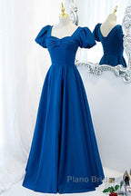 Noble And Elegant Blue Satin Retro Square Neck Short Sleeved Ball Dresses With Blue Backless Strap And Floor Length Evening Dresses