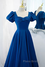 Noble And Elegant Blue Satin Retro Square Neck Short Sleeved Ball Dresses With Blue Backless Strap And Floor Length Evening Dresses