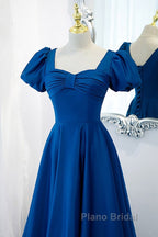 Noble And Elegant Blue Satin Retro Square Neck Short Sleeved Ball Dresses With Blue Backless Strap And Floor Length Evening Dresses