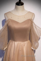 Noble And Elegant Champagne Beaded Long Sleeved Off Shoulder Ball Dresses Champagne A-Line Princess Off Shoulder Strap And Floor Length Formal Prom Dresses