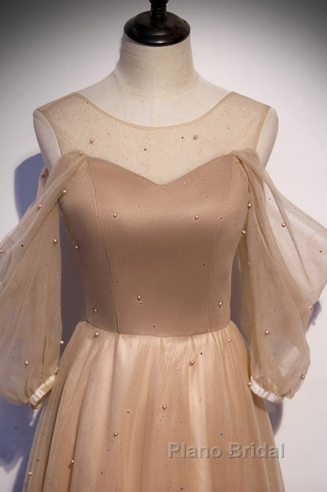 Noble And Elegant Champagne Beaded Long Sleeved Off Shoulder Ball Dresses Champagne A-Line Princess Off Shoulder Strap And Floor Length Formal Prom Dresses