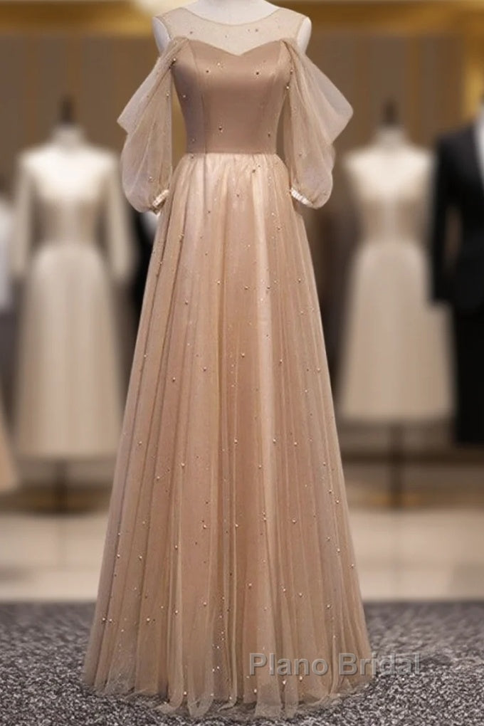 Noble And Elegant Champagne Beaded Long Sleeved Off Shoulder Ball Dresses Champagne A-Line Princess Off Shoulder Strap And Floor Length Formal Prom Dresses Main image