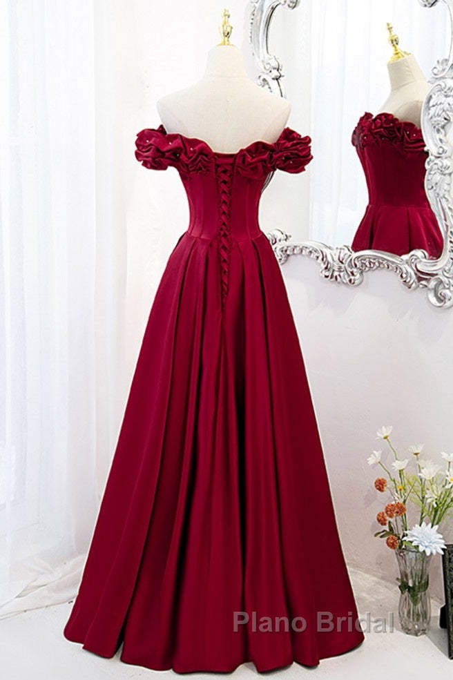 Noble And Elegant Wine Red Sleeveless Off Shoulder Beaded Ball Dresses With Wine Red A-Shaped Backless Strap And Ground Length Ruffled Hem Formal Prom Dresses Secondary image