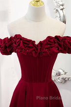 Noble And Elegant Wine Red Sleeveless Off Shoulder Beaded Ball Dresses With Wine Red A-Shaped Backless Strap And Ground Length Ruffled Hem Formal Prom Dresses