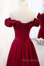 Noble And Elegant Wine Red Sleeveless Off Shoulder Beaded Ball Dresses With Wine Red A-Shaped Backless Strap And Ground Length Ruffled Hem Formal Prom Dresses