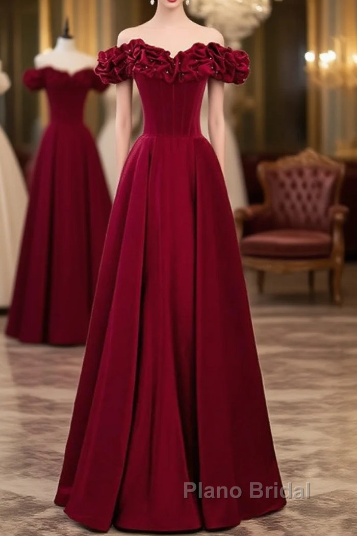 Noble And Elegant Wine Red Sleeveless Off Shoulder Beaded Ball Dresses With Wine Red A-Shaped Backless Strap And Ground Length Ruffled Hem Formal Prom Dresses