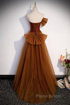 Noble And Unique Chocolate Sleeveless Formal Prom Dresses Chocolate Mermaid Strapless Tulle Butterfly Knot Dew Back Strap Long And Floor Evening Dresses