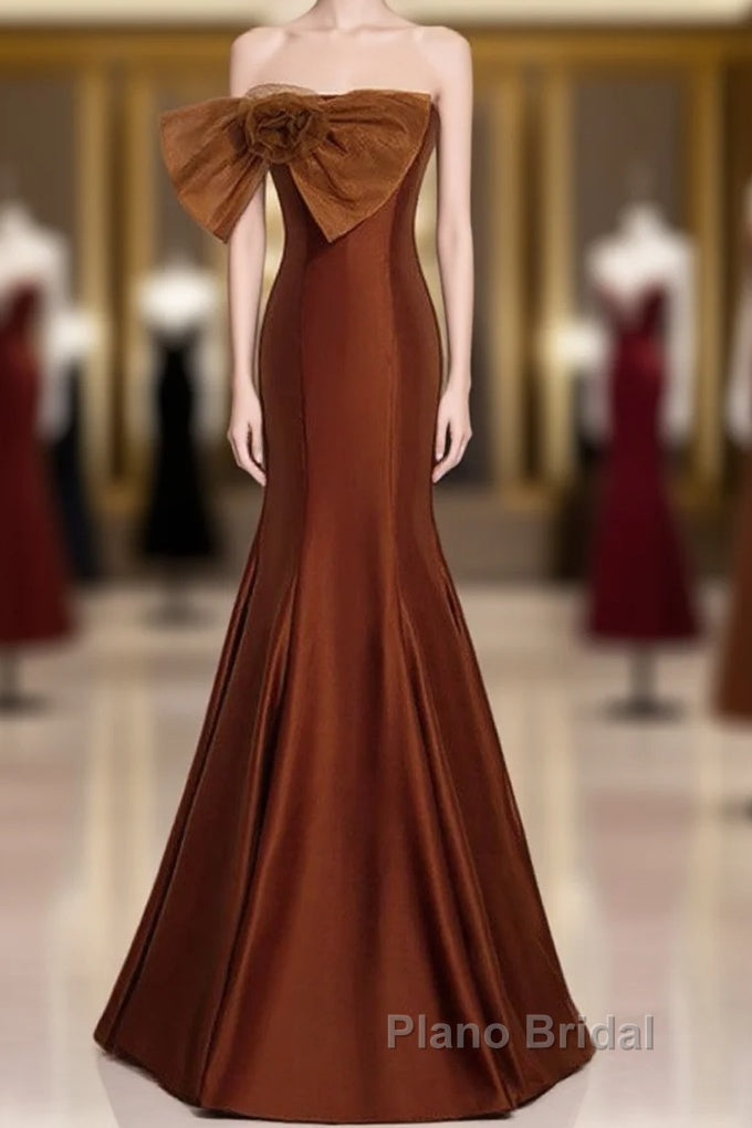 Noble And Unique Chocolate Sleeveless Formal Prom Dresses Chocolate Mermaid Strapless Tulle Butterfly Knot Dew Back Strap Long And Floor Evening Dresses Main image