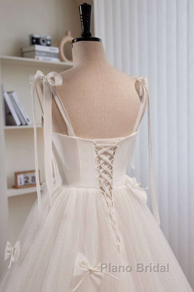 Noble And Unique White Pearl Sleeveless Off Shoulder Bow Ball Dresses With White Thin Shoulder Strap Off Back Tie And Floor Length Tail Evening Dresses