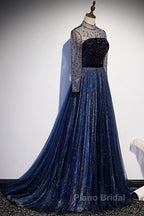 Noble Navy Blue Perspective High Neck Long Sleeved Water Diamond Sequin Ball Dresses Navy Blue A-Line Princess Sparkling Backless Tulle Sweeping Tail Ruffle Edge Evening Dresses
