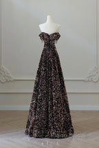 Off Shoulder A-Line Coffee Gold Sequin Long Formal Prom Dresses, Coffee Gold Evening Dresses
