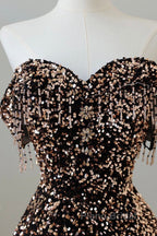 Off Shoulder A-Line Coffee Gold Sequin Long Formal Prom Dresses, Coffee Gold Evening Dresses
