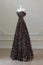 Off Shoulder A-Line Coffee Gold Sequin Long Formal Prom Dresses, Coffee Gold Evening Dresses